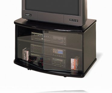 Black T.V. stand with glass and casters
