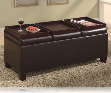 Brown Vinyl Storage Ottoman Coffee Table with Trays