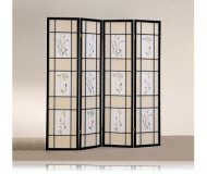 Oriental Floral Accented 4 Panel Black Wood Framed Room Screen Divider