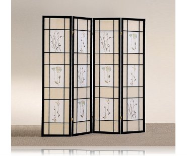 Oriental Floral Accented 4 Panel Black Wood Framed Room Screen Divider